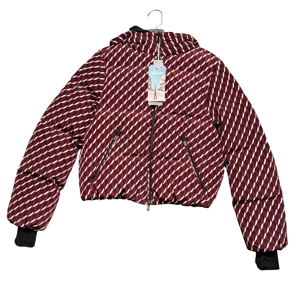 Zara Ski Puffer Jacket Womens XS Burgundy Geometric Down RECCO Hooded Snowboard